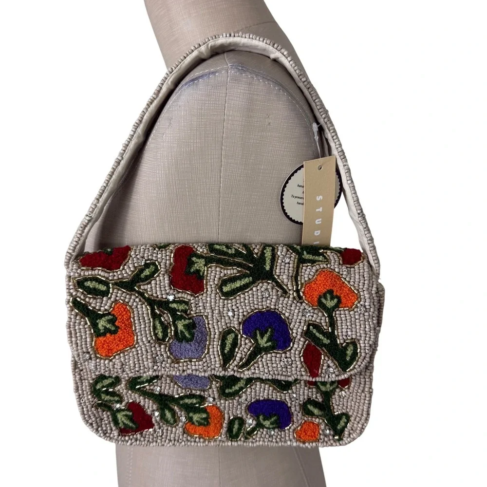 New Viral Handcrafted Beaded Beige Floral Clutch‎ Bag Evening Purse NWT
